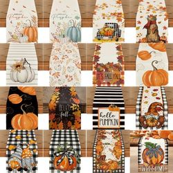 autumn thanksgiving table runner: linen buffalo plaid with pumpkins & mushrooms - dining table decoration for indoor & o