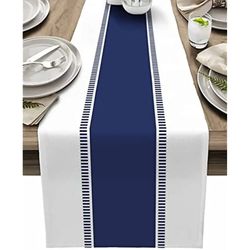 Navy Blue Stripes Linen Table Runner - Farmhouse Decor for Dining Table & Wedding Decoration