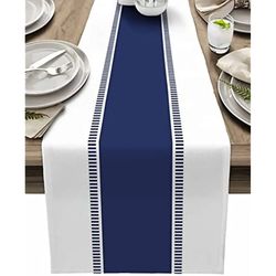 navy blue stripes linen table runner - farmhouse decor for dining table & wedding decoration