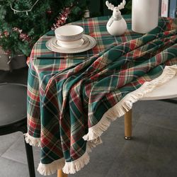 Linen Christmas Tablecloth: Green Plaid Holiday Village Design - Rectangular Dining Table Cover for New Year Home Decor
