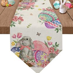 Easter Linen Table Runners: Bunny, Eggs, Flower, Tulip - Washable Decor for Kitchen, Dining, Coffee Tables