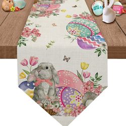 easter linen table runners: bunny, eggs, flower, tulip - washable decor for kitchen, dining, coffee tables