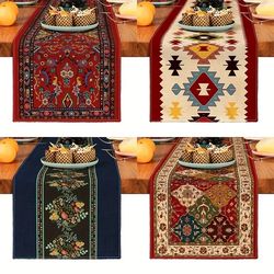 bohemian geometric pattern table runner: linen kitchen decoration accessories for indoor & outdoor holiday decor