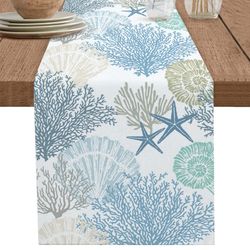 blue marine coral shells starfish linen table runner - wedding & kitchen decor