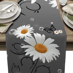 Yellow Daisy Butterfly Gray Linen Table Runner - Wedding & Party Decoration