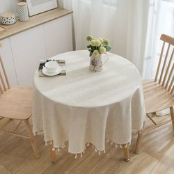 Round Tablecloth with Tassels: Linen Cotton Plain Cover for Home, Party, Wedding - Kitchen & Decor