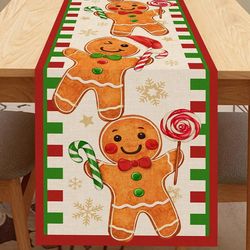 christmas linen table runners: gingerbread man, santa, snowflake decor for xmas dining