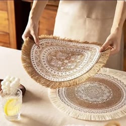 boho round placemat 15 inch - farmhouse woven jute fringe table mats with pompom tassel - dining room ins table decors