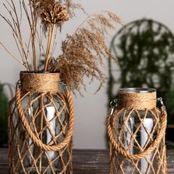 rustic glass vase rope net dry flower holder with hemp rope - home living room table decor