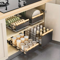 pull-out dish rack with wooden handle & drain tray, multifunctional single layer dish drying rack for under sink storage