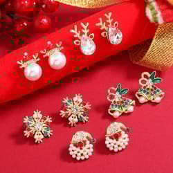 pearl snowflake bell elk christmas jewelry accessories, new trendy rhinestone imitation christmas hat stud earrings