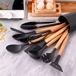 12pcs silicone kitchen utensils set with wooden handle bucket - high temperature resistant, non-stick pot spatula & spoo