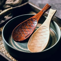 retro japanese fish shape rice spoon - cute wooden non-stick shovel scoop for kitchen cooking