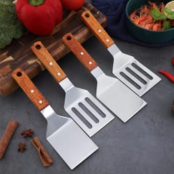 stainless steel wooden handle cooking spatula - kitchen barbecue tool for steak, pancake, frying, teppanyaki