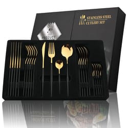 24-piece black handle golden cutlery set | stainless steel knife fork spoon | tableware flatware set for kitchen & dinin