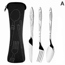 3-piece steel cutlery set with case - ideal for family, travel, camping - forks, knives, spoons - complete dinnerware