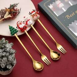 christmas gift glod spoon fork set elk christmas tree decoration, dessert scoop, fruit fork, coffee spoon cutlery set