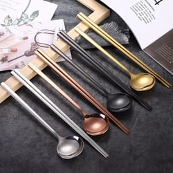 korean long handle chopsticks spoon cutlery set - reusable stainless steel, non-slip sushi sticks, food soup spoon, dinn