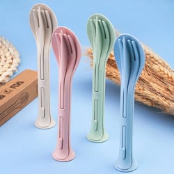 3pcs portable tableware set: wheat straw dinnerware for travel, picnic, camping - detachable cutlery included