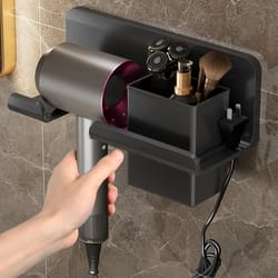 wall mounted hair dryer holder & organizer for bathroom - space saving hair straightener & dryer stand with shelves