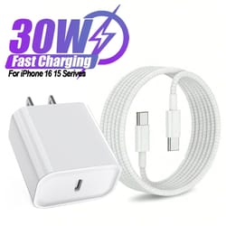 30w wall charger with usb-c port & 3.3ft braided type-c cable, fast charging for iphone 16, ipad, samsung, xiaomi