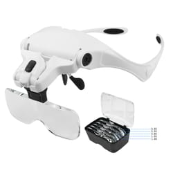 illuminated loupe magnifier glasses, hands-free reading aid with adjustable head & 2 led lights, 5 lens set