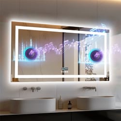 modern led bathroom mirror, wall mounted smart vanity mirror with bluetooth, digital clock & anti-fog tech