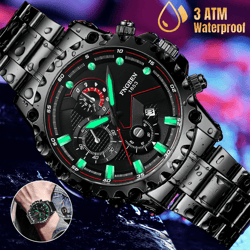 waterproof men watch, classic stainless steel quartz luxury wristwatch with luminous display
