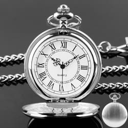 vintage luxury silver pendant pocket fob watch, modern roman number clock, unisex necklace chain, ideal gift for men