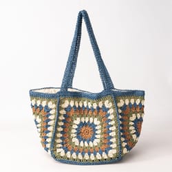 boho ethnic crochet tote bag, granny square straw shoulder bag, summer beach handbag for travel, casual woven purse