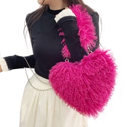 oversized faux fur heart shape tote bag for women, mongolian furry handbag, long shoulder strap, soft plush purse