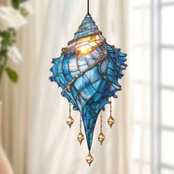 blue acrylic conch shell window suncatcher, coastal beach house hanging ornament, garden pendant, home decor accent