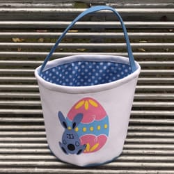 easter bunny bag, cute cloth holiday bucket with handle for kids, decorative blue lacework & footprint design