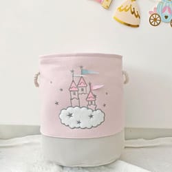large pink laundry basket for kids, foldable fabric toy storage with handles, cute cartoon castle design, nursery hamper