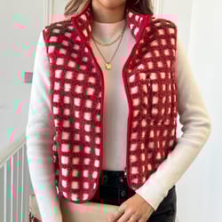 womens fuzzy checkered vest, stand collar zip up jacket, sleeveless warm outwear, loose fit spring fall layer
