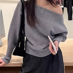 long sleeve knitted pullover, thick off shoulder sweater, loose casual autumn outwear for women