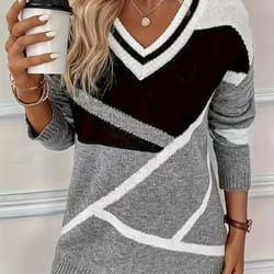 new womens casual loose sweater, v neck woolen top, large size geometric pattern pullover