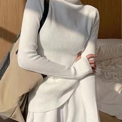 womens casual pullover, chic knitted turtleneck sweater, simple fashion top with thumb holes, autumn winter basic