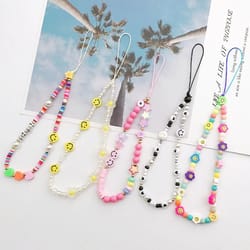 women's acrylic pearl & clay phone chain lanyard: beautiful flower beads & charm jewelry accessory