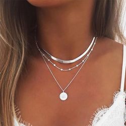 exquisite women's jewelry: 925 sterling silver three-layer round necklace with simple snake chain & charm ball chain - p
