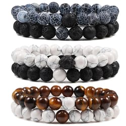couples distance bracelet set: black & white lava stone with tiger eye beads, elastic yoga jewelry for men and women