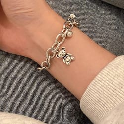 silver plated luxury bear pendant charm bracelet, retro thick chain hip hop jewelry for women