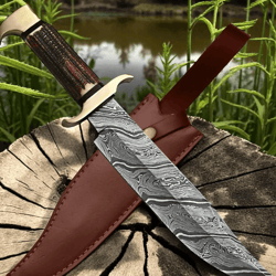 snake damascus bowie knife | deer horn handle | handmade full tang hunting & survival knife