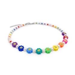 smiley daisies unisex necklace of shell pearls, czech beads and polymer clay flowers