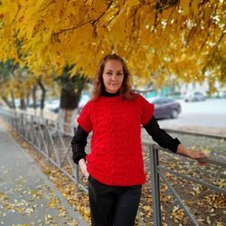 Handmade chunky knitted red sweater vest 2024 trend, knitted women sweater