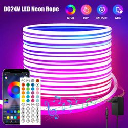 24v rgb neon led lights strip, flexible bluetooth app-controlled tape for wall, childrens room, more