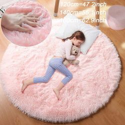 fluffy white round rug mat, super soft plush carpets for bedroom, living room, kid room, salon, thick pile modern home