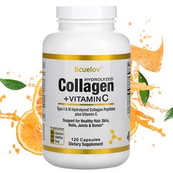 bcuelov hydrolyzed collagen peptides plus vitamin c, 120 capsules for healthy hair, skin, nails, joints bones support