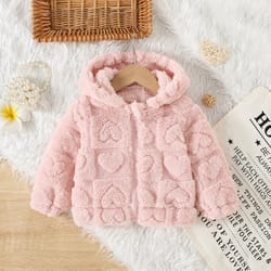 baby girl princess pink fleece jacket with love pattern, toddler winter warm coat hooded outwear