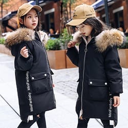 warm thicken winter jacket for girls, fashion parka overcoat with fur collar, hooded long coat, for teens 4-13 years